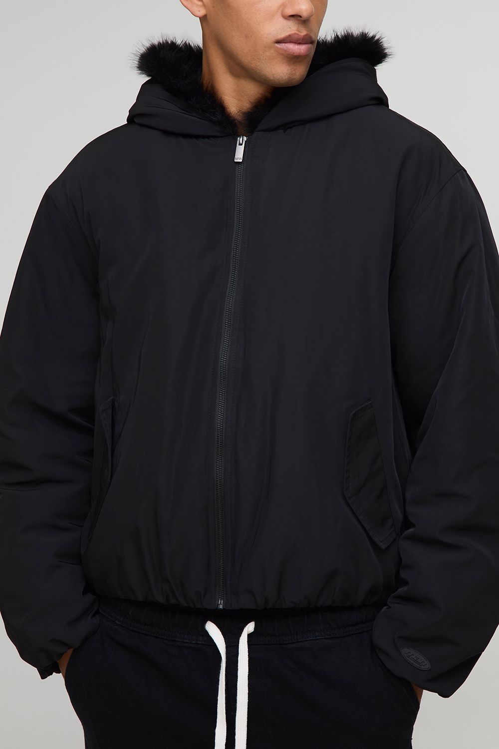 Oversized Faux Fur Trim Hooded Bomber Jacket