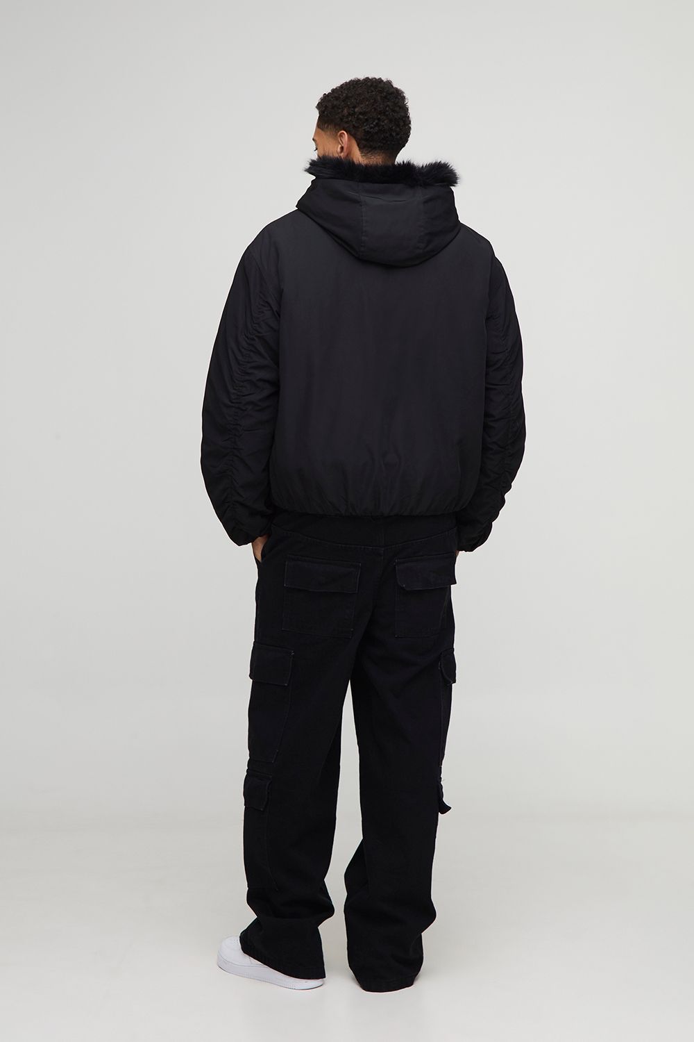 Oversized Faux Fur Trim Hooded Bomber Jacket