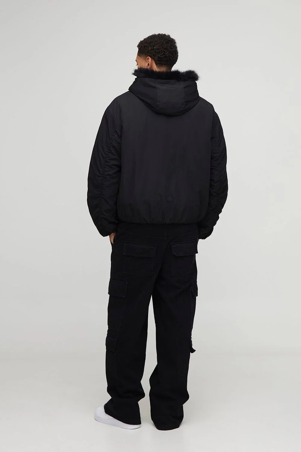 Oversized Faux Fur Trim Hooded Bomber Jacket