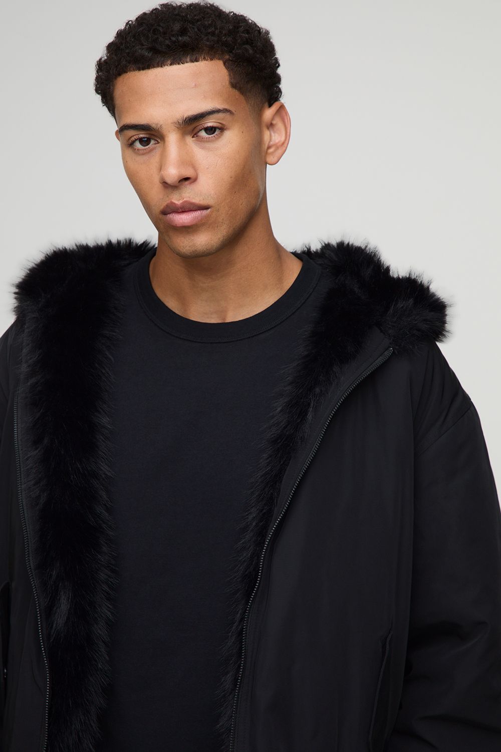 Oversized Faux Fur Trim Hooded Bomber Jacket