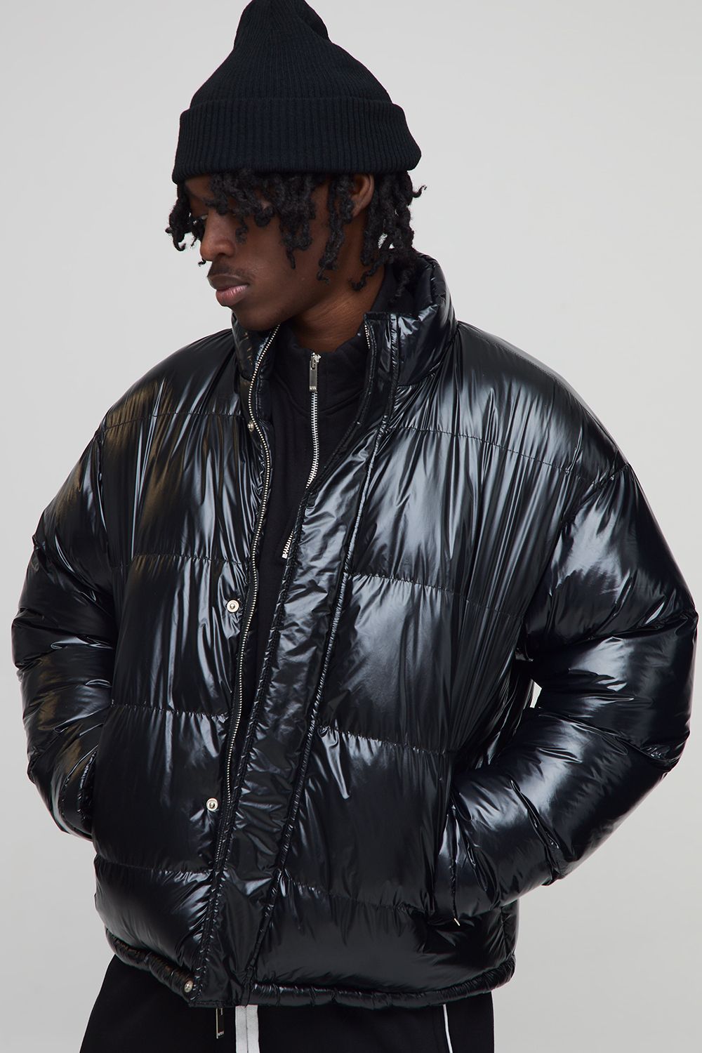 Regular Fit Reversible Mix Fabric Panelled Funnel Neck Puffer Jacket