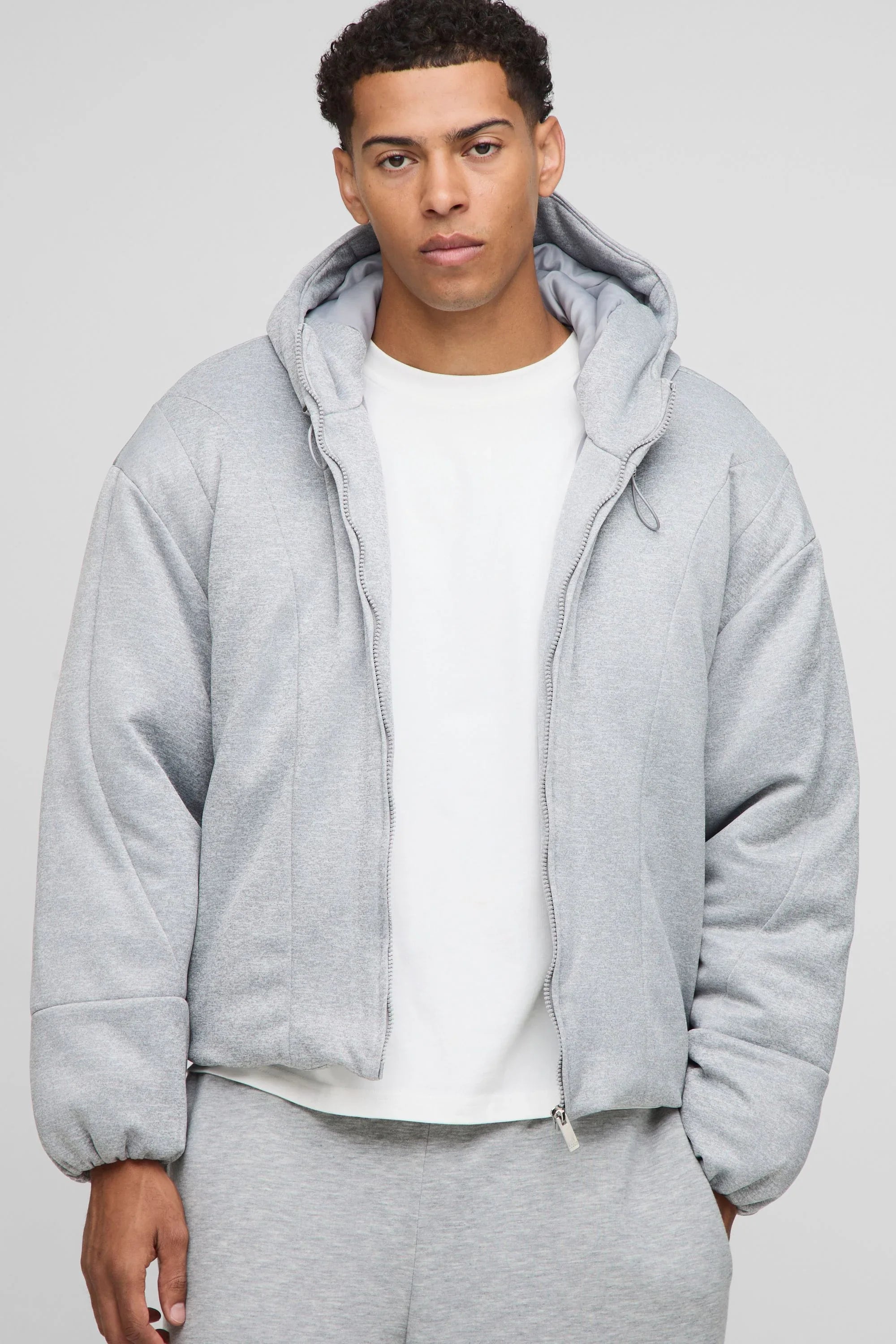 Oversized Boxy Hooded Jersey Puffer Jacket