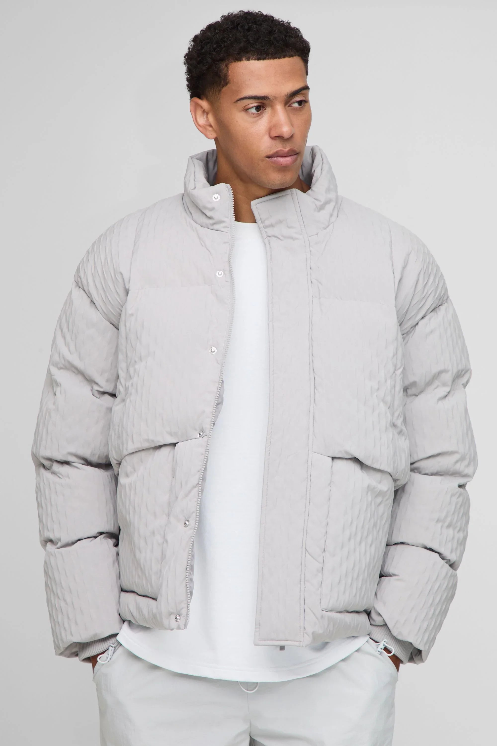 Oversized Fit Textured Funnel Neck Puffer Jacket