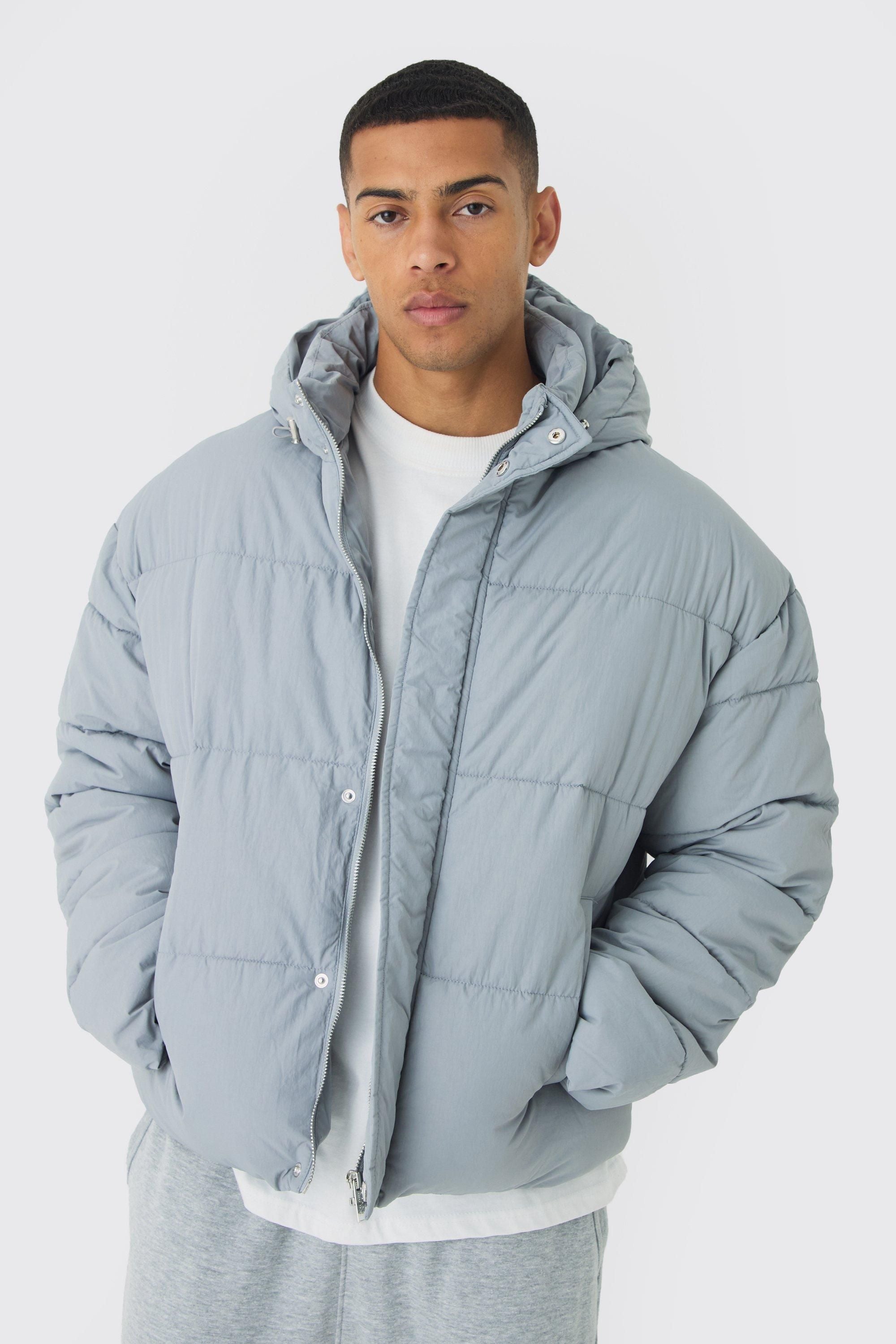 Boxy Crinkle Nylon Puffer In Light Grey