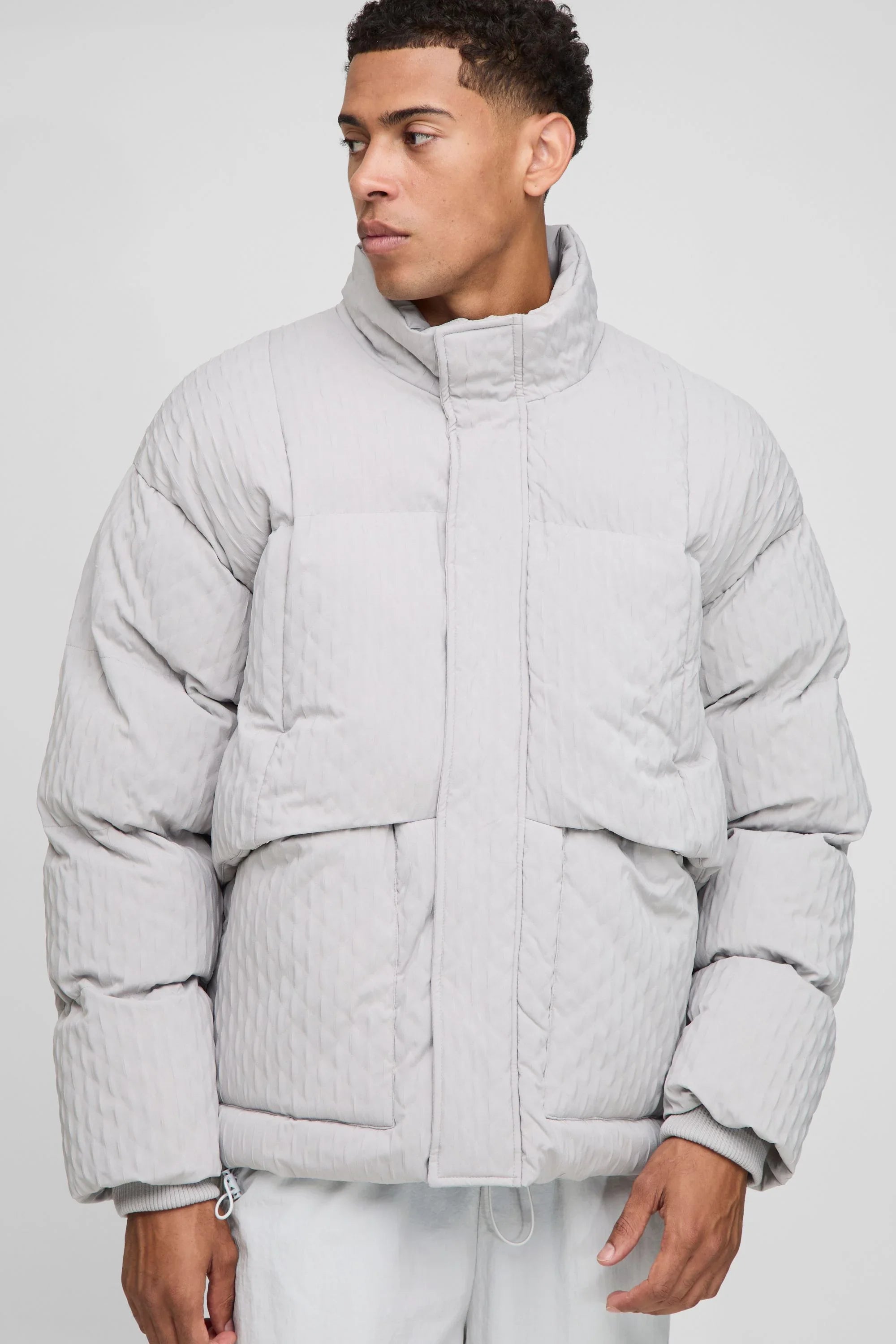 Oversized Fit Textured Funnel Neck Puffer Jacket
